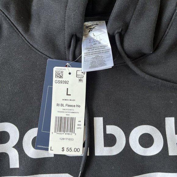 Reebok Womens Sweatshirt Hoodie Size‎ Large Fleece Athletic Black White Logo NWT - Picture 5 of 9